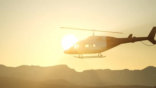 3D Helicopter Flying Over Mountain Landscape at Sunset