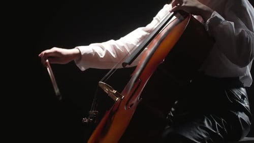 Woman Virtuoso Musician Playing Classical Melody on Strings Cello in Studio Black Background Side