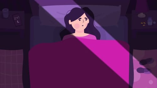 Animated Woman Struggling with Insomnia in Flat Design Style