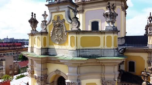 Aerial drone view of a flying over the Catholic Cathedral