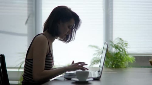 Young Beautiful Brunette Woman Works Home Kitchen Workplace Laptop