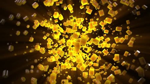 Abstract Illuminated Golden Square Shapes Float in Black Space