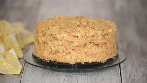 Homemade cake Napoleon, puff pastry custard cream cake.