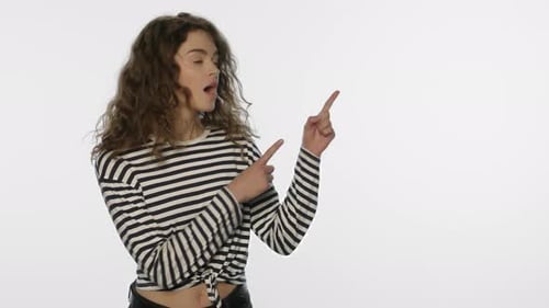 Woman Pointing Right with Open Expression
