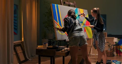Busy Ambitious Art Students Create Late Evening Project for College Paint Modern Picture Long