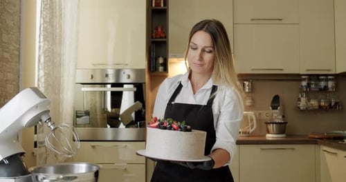 Woman Holding Cake in Kitchen