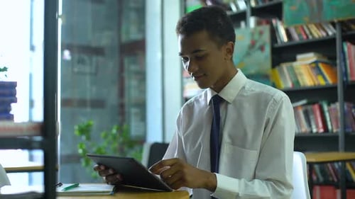 Geek Mixed-Race Male Student Doing Homework Online, Using Tablet Pc at Library