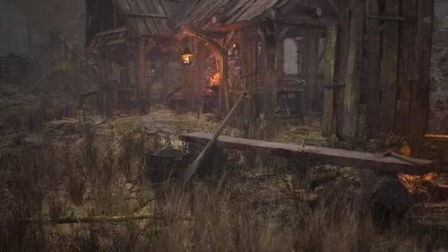 Old Rural Abandoned Wooden Village Under Cloudy Sky in Autumn Season