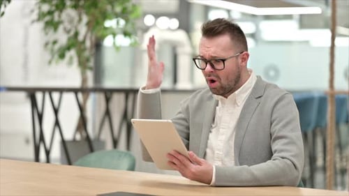 Man Uses Tablet in Modern Workplace Environment
