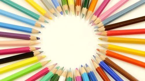 Top of Bunch of Colored Pencils on White, Rotation, Close Up