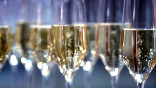 champagne in wine glasses. a sparkling wine. bubbles rise. buffet table