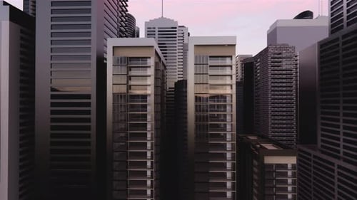 Render 3D de una ciudad brillante abstracta con rascacielos. Formas simples de edificios