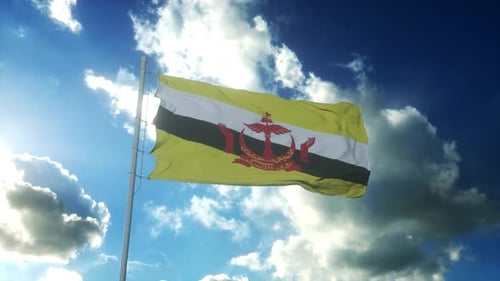 Brunei Darussalam National Flag Waving in Blue Sky