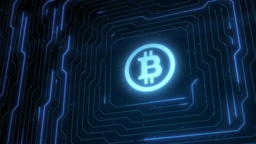 Animated Bitcoin Symbol on Digital Circuit Board Background