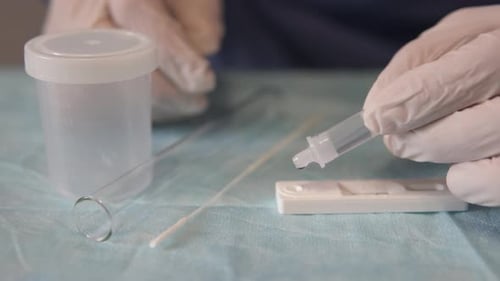 Gloved Hand Using a Medical Test Kit