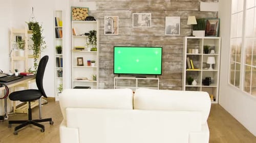 Big Green Screen Tv in a Cozy Modern Living Space
