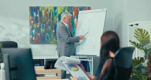 Head of Elderly Corporation Stands at Chart in Middle of Companys Office Explains Income Profits