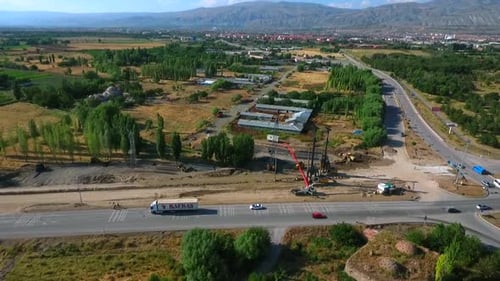 Road Construction Aerial View with Heavy Machinery