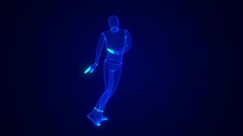 Futuristic Glowing Wireframe Human Figure Dancing Seamless Loop