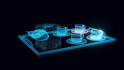Rotating Hologram Wireframe Tea Set Futuristic Technology Display