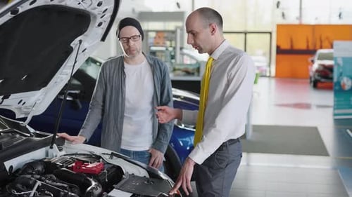 Sales Manager and Client Near a New Car with an Open Hood