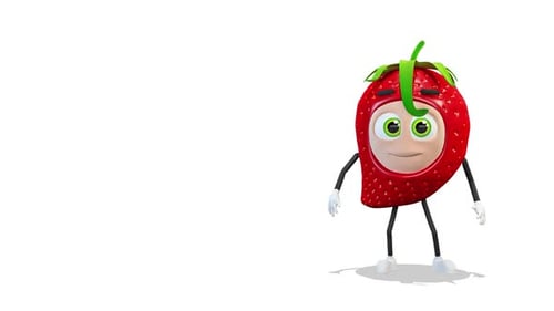 Strawberry Comes Out From The Right Side Of The Screen And Greeting on White Background