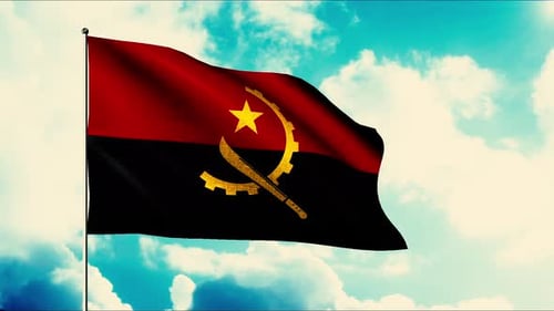 Angola National Flag Waving with Realistic Fabric Movement in Sky
