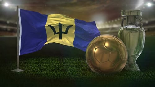 Waving Barbados Flag with Gold Football and Silver Trophy in Stadium
