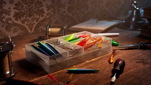 Accessoires de pêche dans une boîte sur un bureau en bois. Des appâts et des outils colorés.