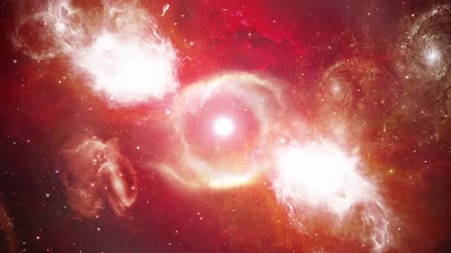 Glowing Red Cosmic Nebula Formation with Bright Stars