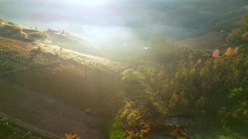 4K Aerial view over the mountains at sunset. Drone Flight Footage