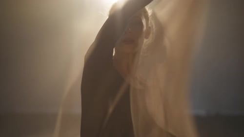 Front View of Slim Attractive Woman Looking at Camera Shaking Transparent Beige Scarf