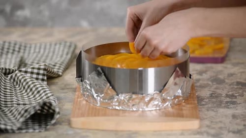 Woman Preparing Peach Cake Dessert