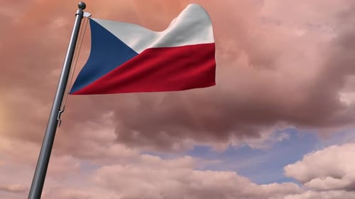Czech Republic Flag Waving on Flagpole with Cloudy Sky Background