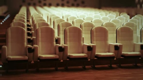 Empty cinema interior zoom-in animation from the stage perspective. HD