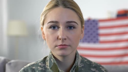 Blonde Woman in Military Uniform Portrait with US Flag