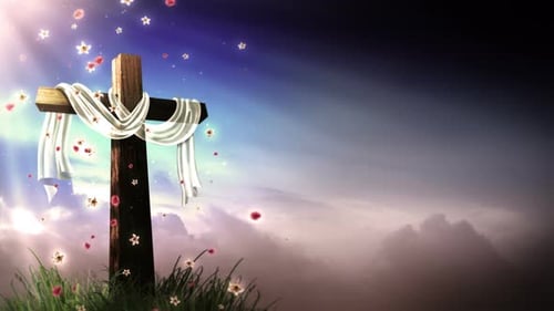Easter Cross with Flowing White Fabric and Glowing Petals