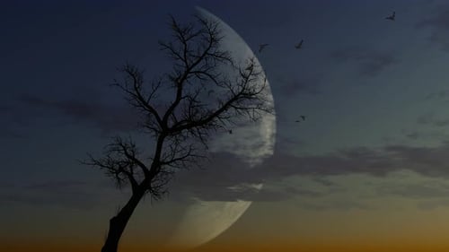 Mysterious Dusk Landscape with Silhouetted Tree, Birds, and Large Moon