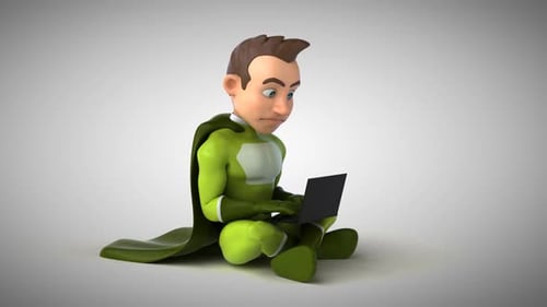 Fun 3D cartoon superhero typing on a laptop