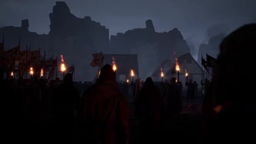 Medieval Army Marching with Torches in Dark Night