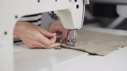 Sewing Machine Stitching Fabric Close-Up