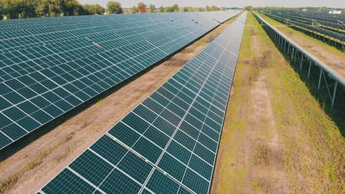 Solar Farm. Aerial View Solar Power Station. Panels Stand in Row on Green Field