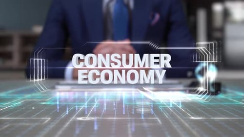 Empresario escribiendo en una mesa de hologramas Economía Mundial Economía de consumo