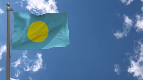 Waving Palau Flag Animation with Realistic Fabric in Blue Sky