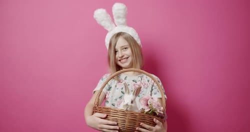 Happy Child with Bunny and Easter Basket