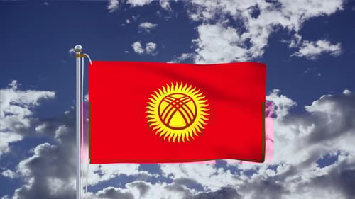 Flag of Kyrgyzstan Waving Against a Dynamic Cloudy Sky