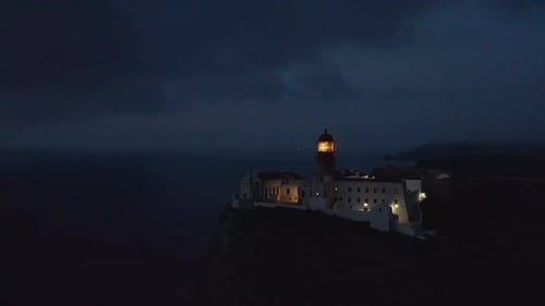 Panoramic Aerial View of Silent Lighthouse Flashing Light in Sagres Lagos in Portugal on Mountain