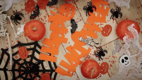 Festive Halloween Decorations with Pumpkins and Candy