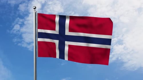 Waving Norwegian Flag Against a Bright Blue Sky