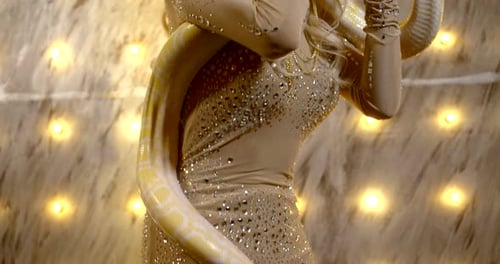 Actriz de circo baila con pitón amarilla en su cuerpo, Snake Charming Trick